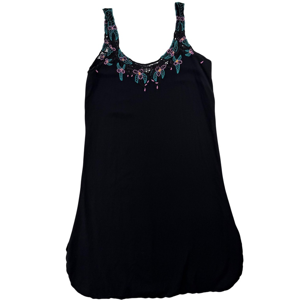 Vintage Black Floral Embroidered Dress Boho Y2K Slip‎ Dress Festival Woman Small
